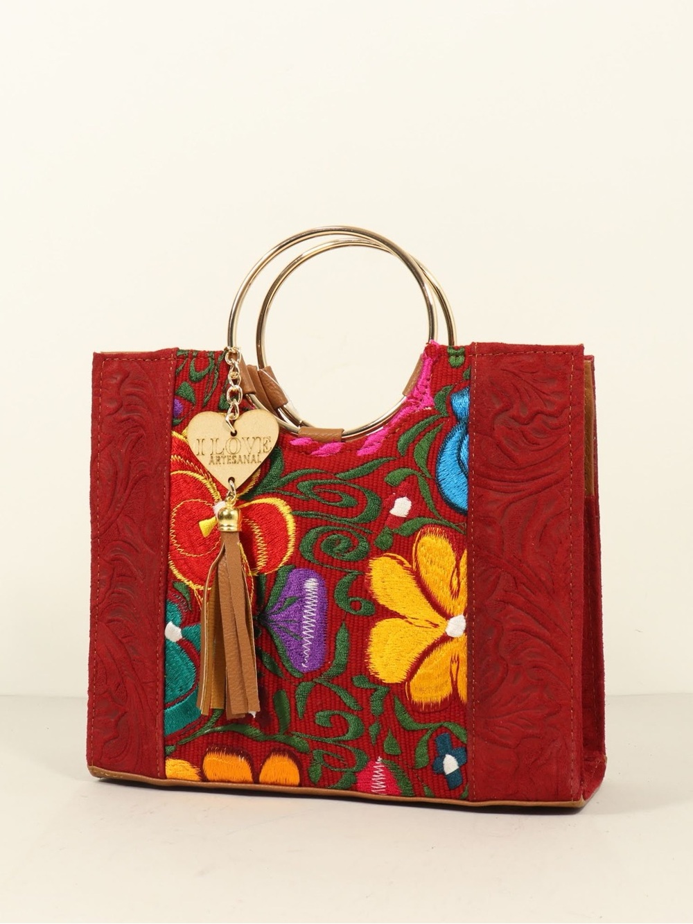 Red Floral Embroidered Tote Bag with Gold Ring Handles